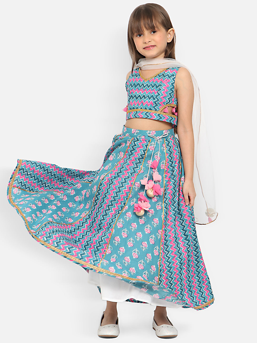 Nautinati Girls Chevron Printed Ready To Wear Pure Cotton Lehenga Choli With Dupatta