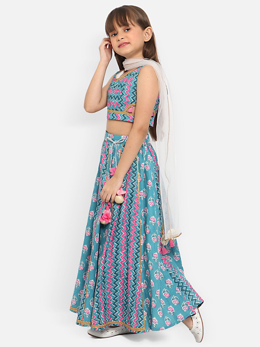 Nautinati Girls Chevron Printed Ready To Wear Pure Cotton Lehenga Choli With Dupatta