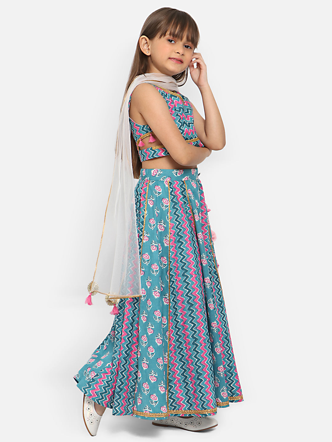 Nautinati Girls Chevron Printed Ready To Wear Pure Cotton Lehenga Choli With Dupatta