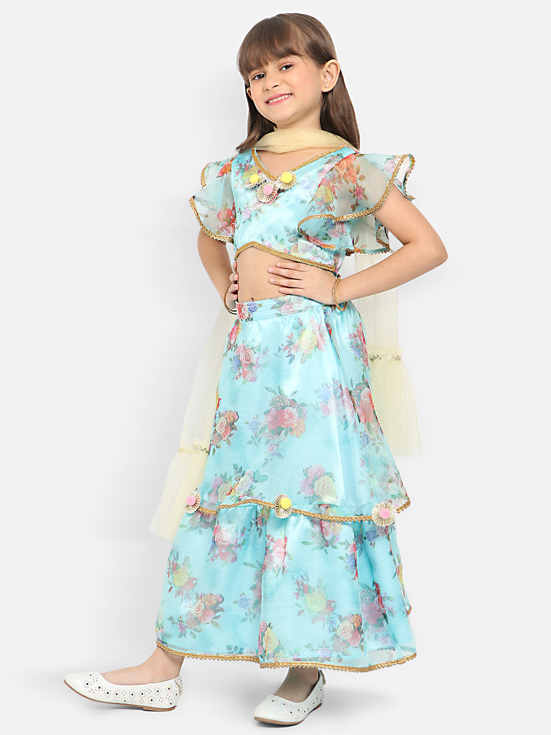 Nautinati Girls Floral Printed Ready To Wear Lehenga Choli With Dupatta