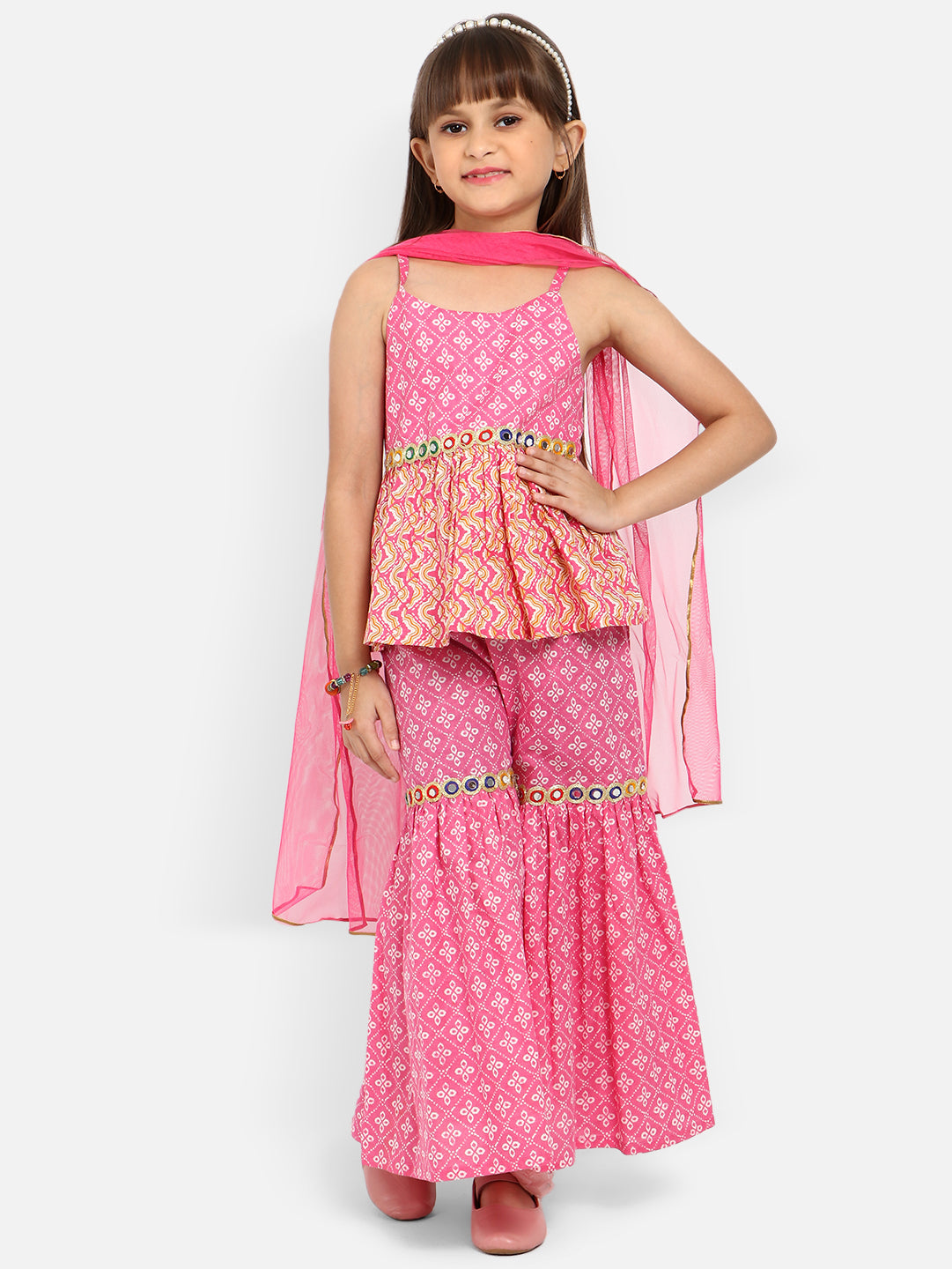 Nautinati Girls Bandhani Printed Mirror Work Pure Cotton Kurti With Sharara Dupatta