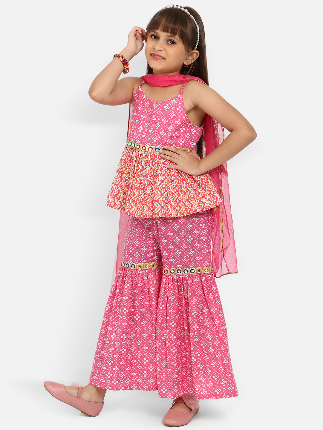 Nautinati Girls Bandhani Printed Mirror Work Pure Cotton Kurti With Sharara Dupatta