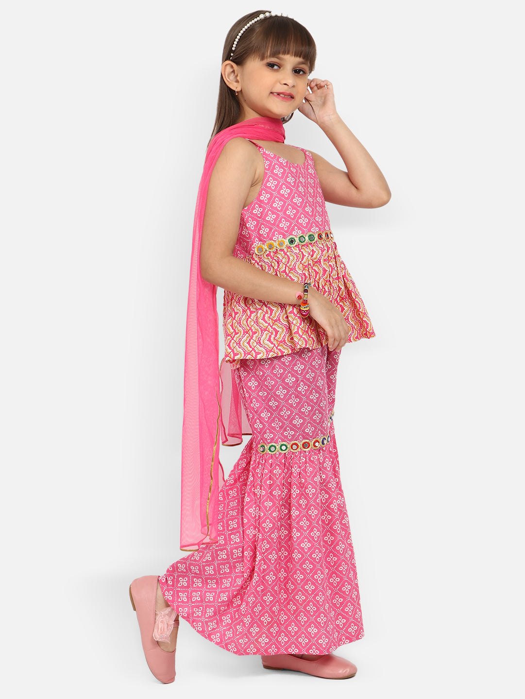 Nautinati Girls Bandhani Printed Mirror Work Pure Cotton Kurti With Sharara Dupatta