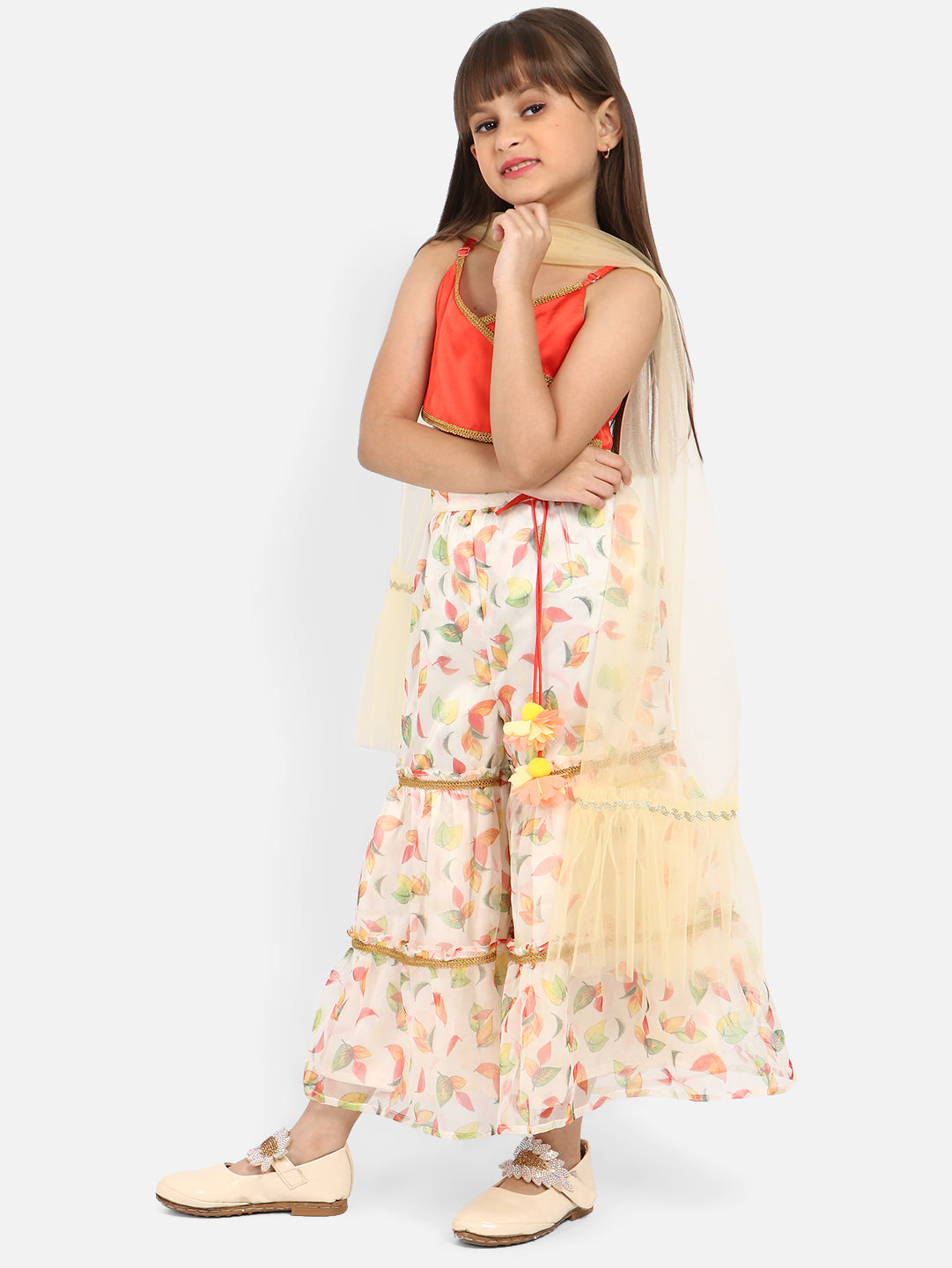 Nautinati Girls Floral Printed Gotta Patti Top Sharara With Dupatta