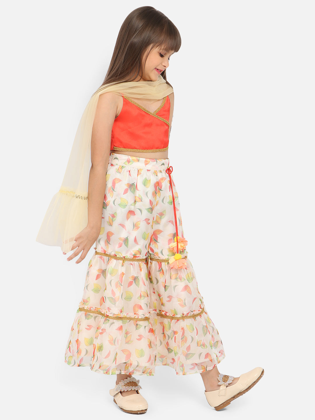 Nautinati Girls Floral Printed Gotta Patti Top Sharara With Dupatta