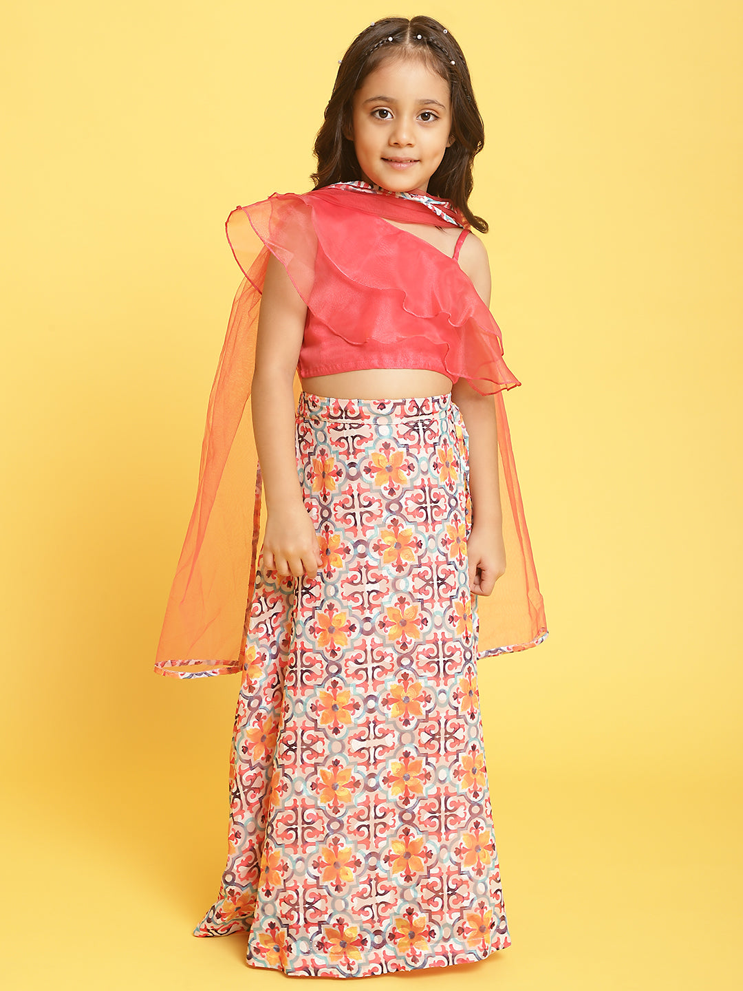 Nautinati Girls Coral-Multi Printed Sleeveless Polyester Ethenic