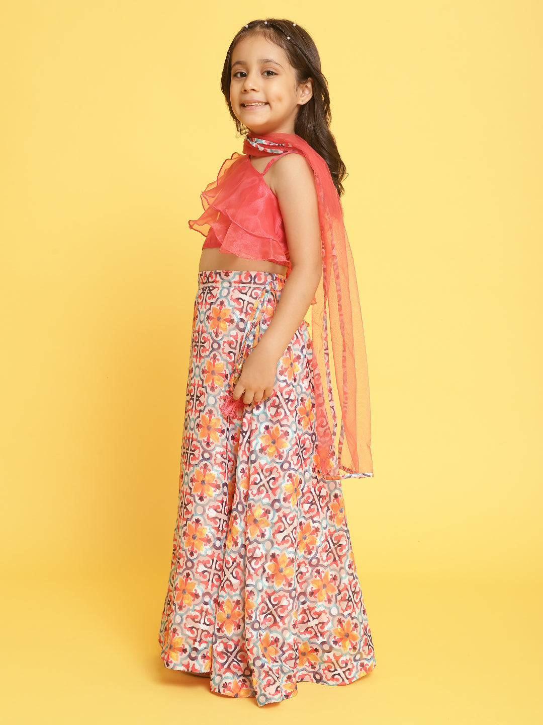 Nautinati Girls Coral-Multi Printed Sleeveless Polyester Ethenic