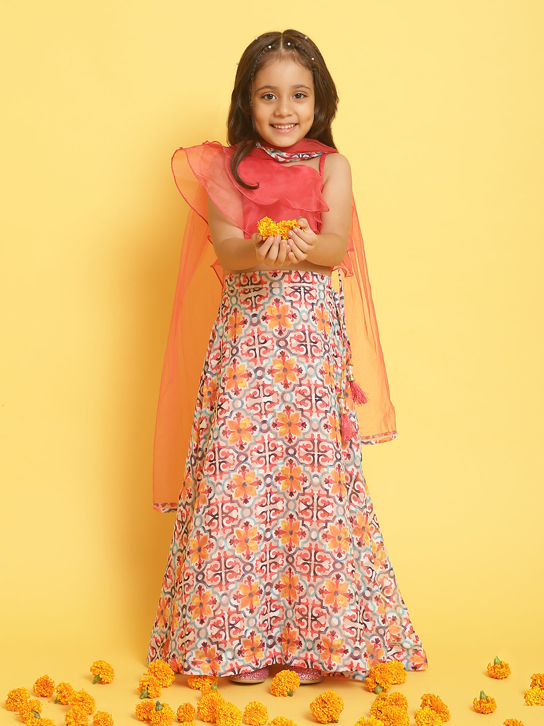 Nautinati Girls Coral-Multi Printed Sleeveless Polyester Ethenic