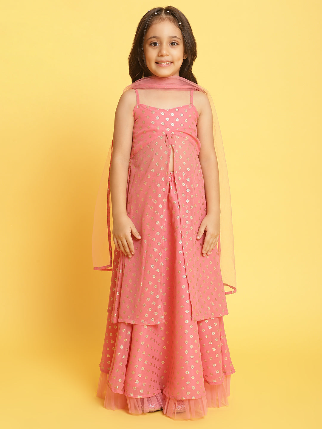 Nautinati Girls Light-Pink Printed Sleeveless Polyester Ethenic