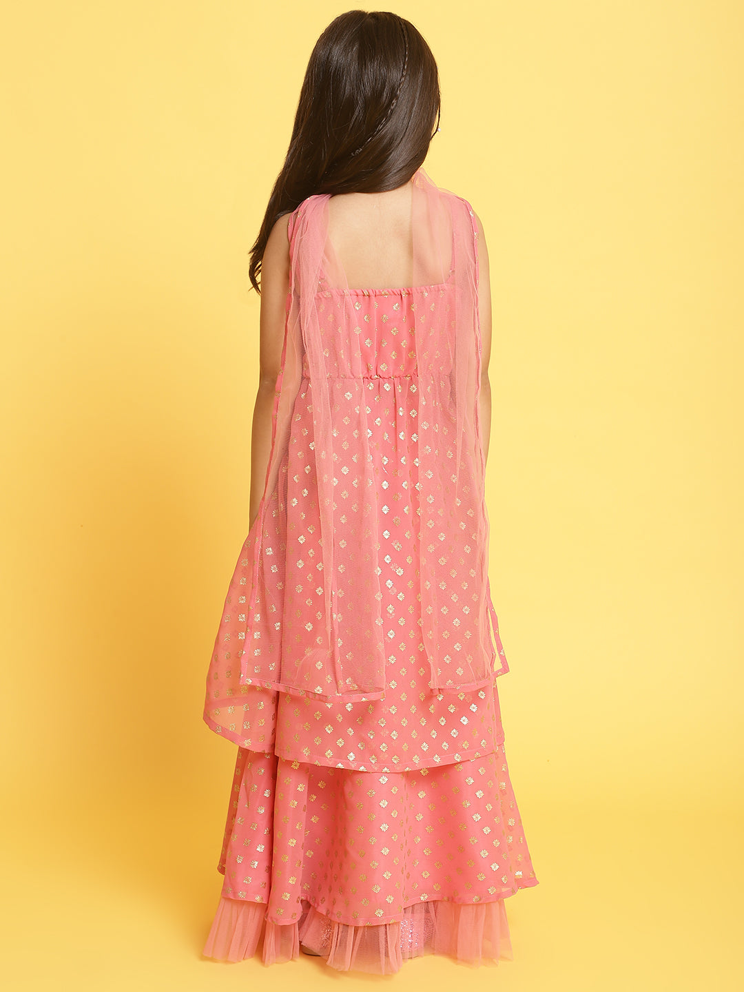 Nautinati Girls Light-Pink Printed Sleeveless Polyester Ethenic