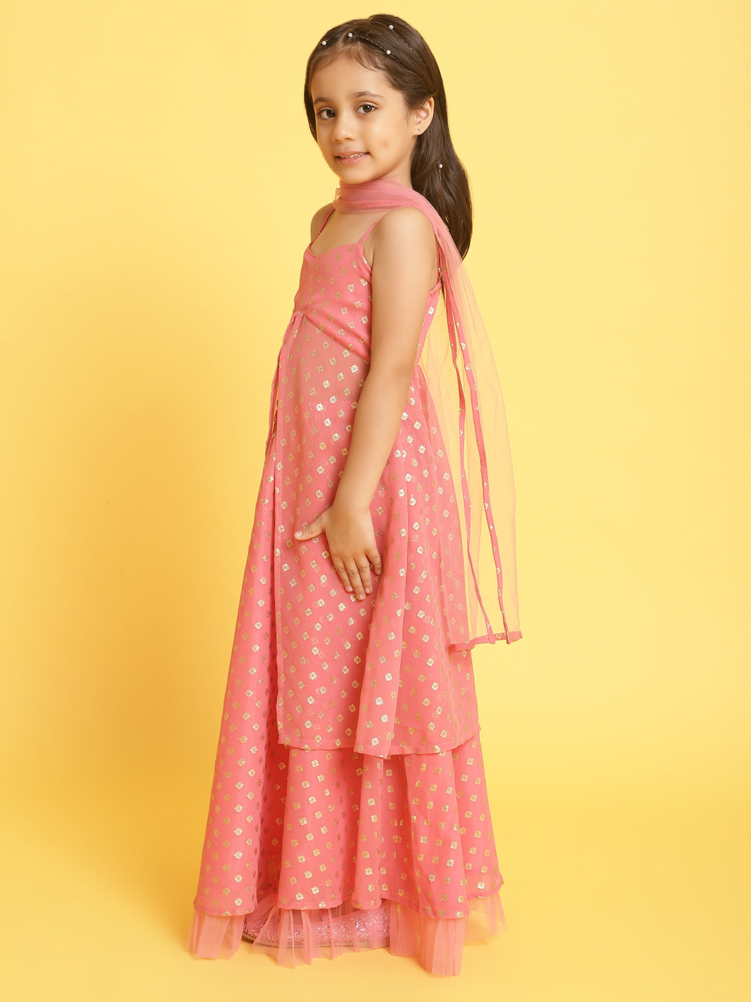 Nautinati Girls Light-Pink Printed Sleeveless Polyester Ethenic