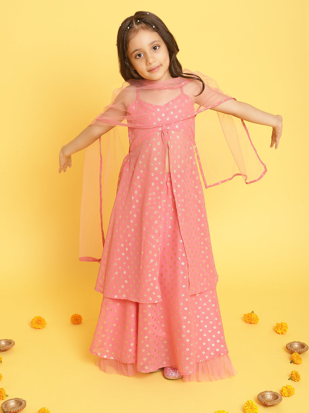 Nautinati Girls Light-Pink Printed Sleeveless Polyester Ethenic