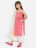 Girls Pink-White Floral Printed Cotton A-Line Kurta With Gathered Waist And Palazzo With Dupatta