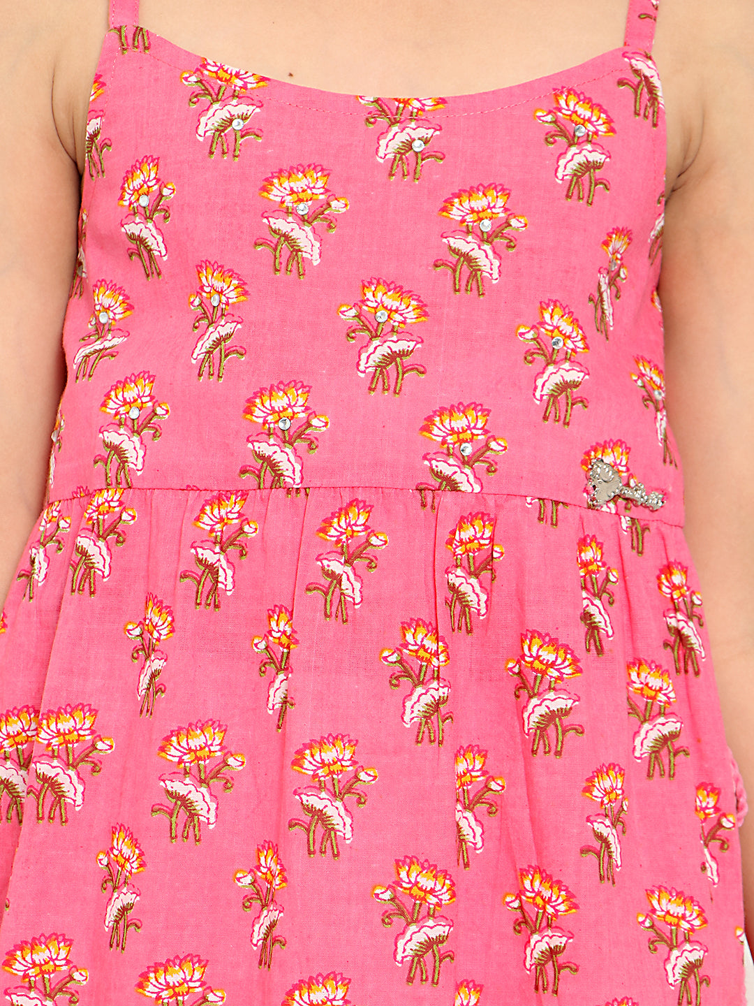 Girls Pink-White Floral Printed Cotton A-Line Kurta With Gathered Waist And Palazzo With Dupatta