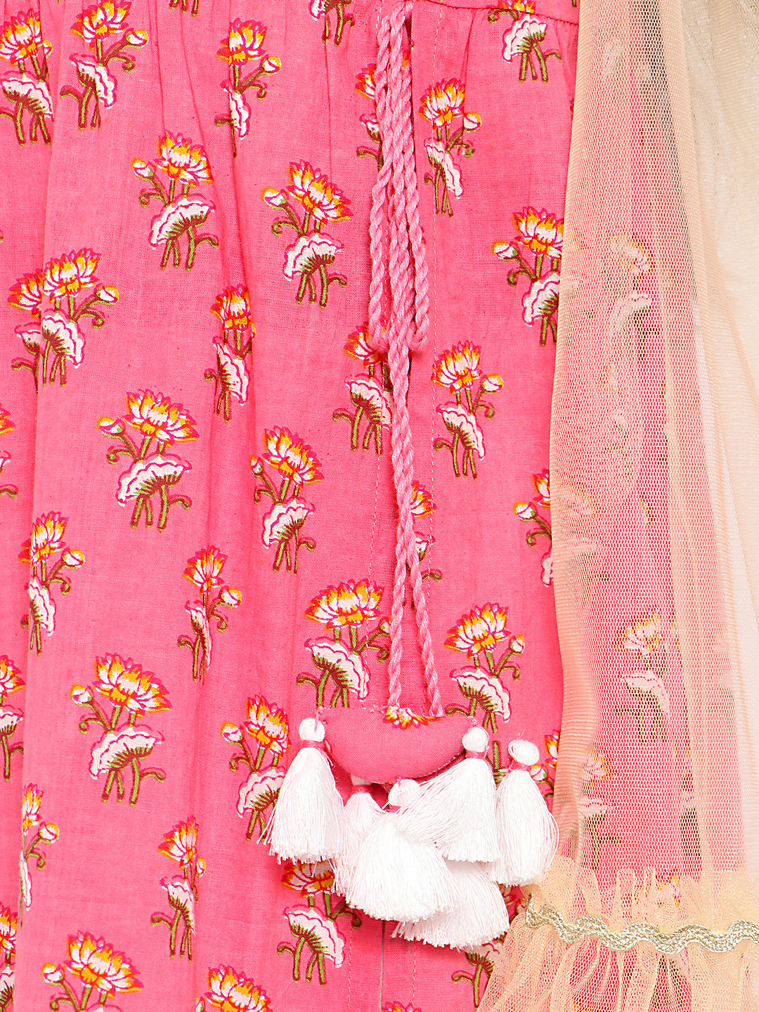 Girls Pink-White Floral Printed Cotton A-Line Kurta With Gathered Waist And Palazzo With Dupatta
