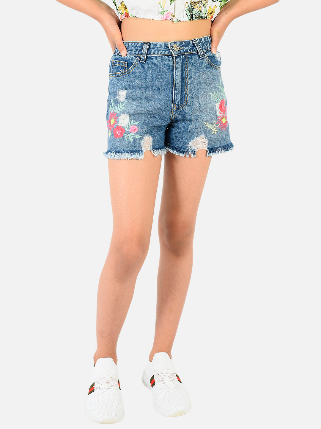 Natilene Girls Blue Floral Embroidered Pure Cotton Denim Shorts