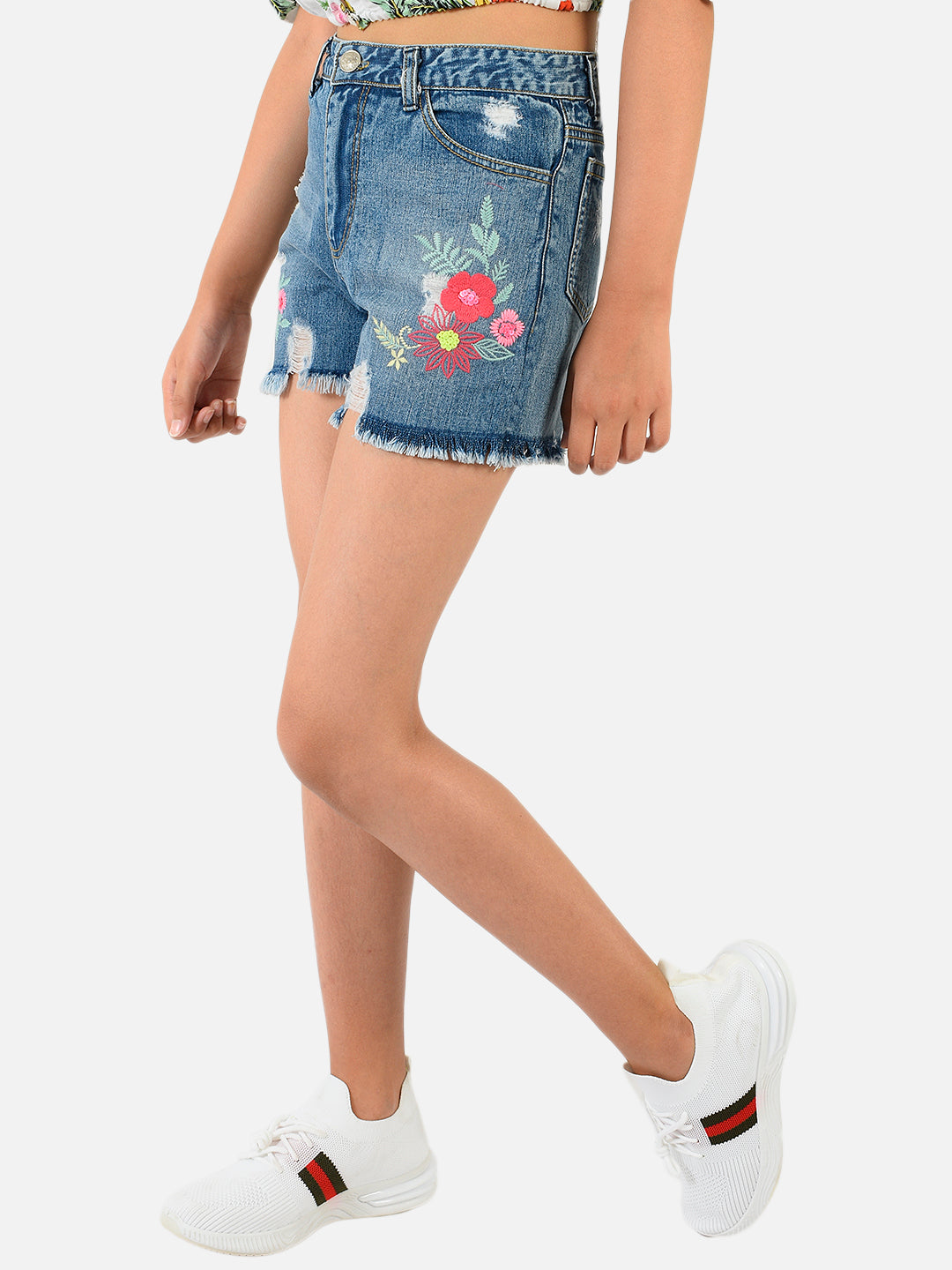 Natilene Girls Blue Floral Embroidered Pure Cotton Denim Shorts