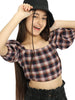 Natilene Navy Checked Blouson Pure Cotton Crop Top