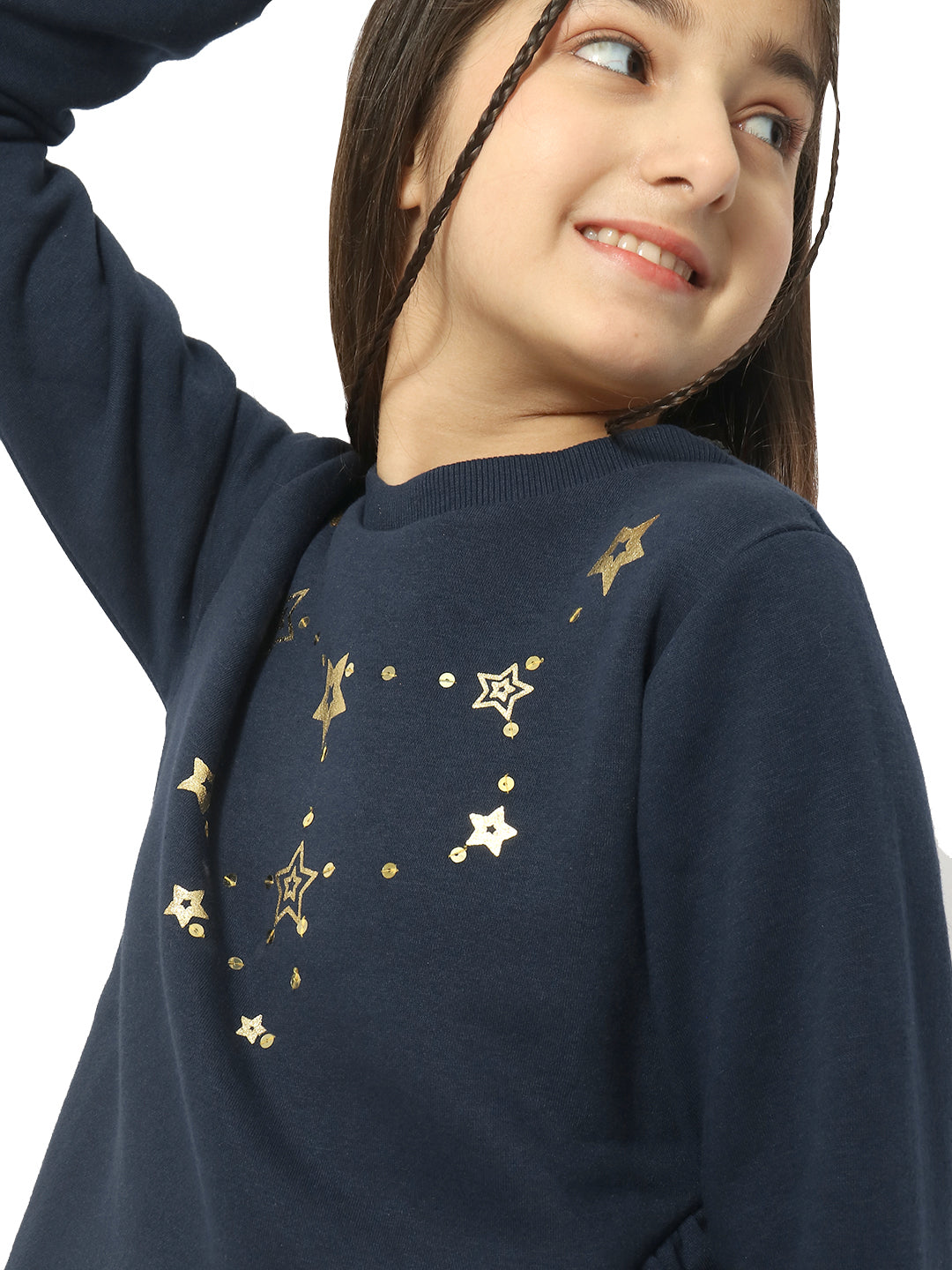 Natilene Girls Navy Blue Graphic Printed Sweatshirt