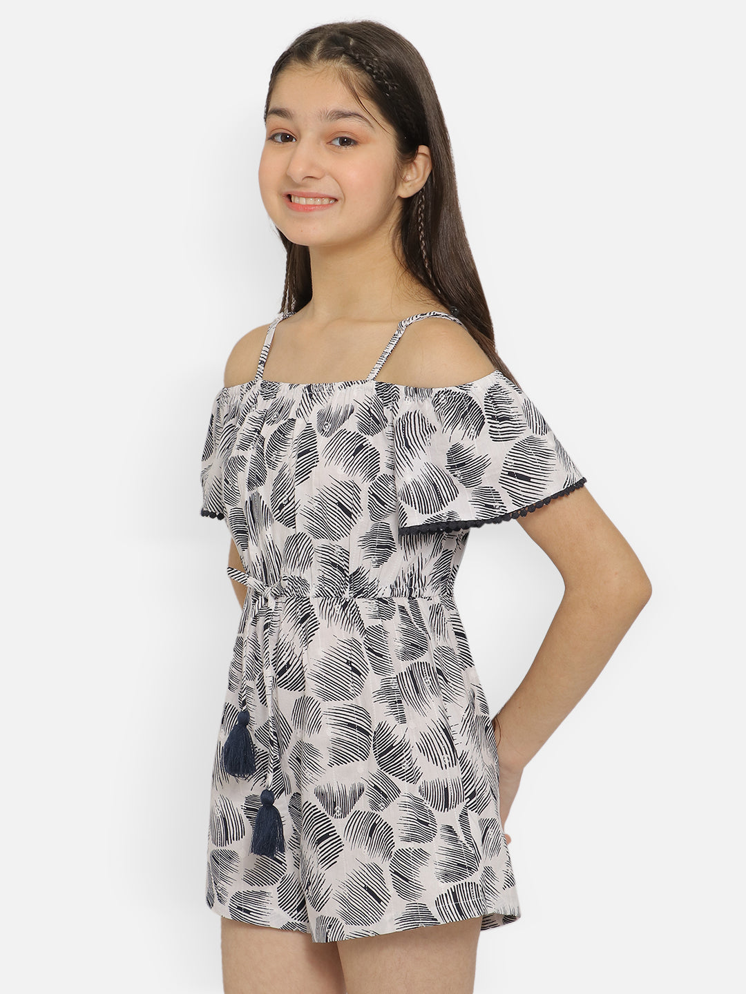 Natilene Girls Abstract Printed Off-Shoulder Cotton Playsuit With Waist Tie-Ups