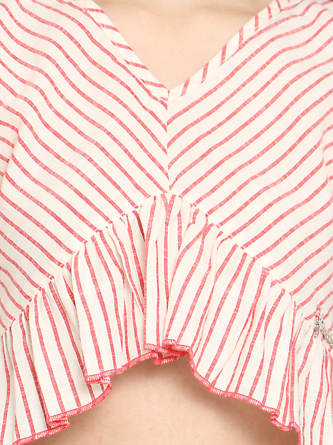 Natilene Girls Striped V-Neck Flutter Sleeves Pure Cotton Crop Top