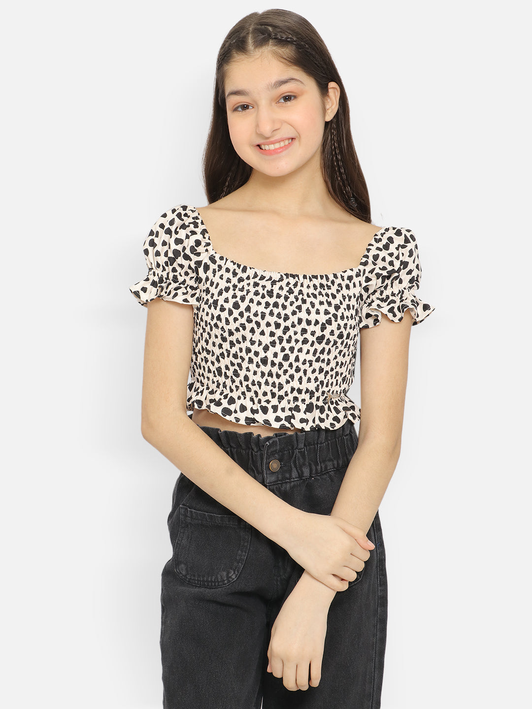 Natilene Girls Animal Print Smocked Crop Top