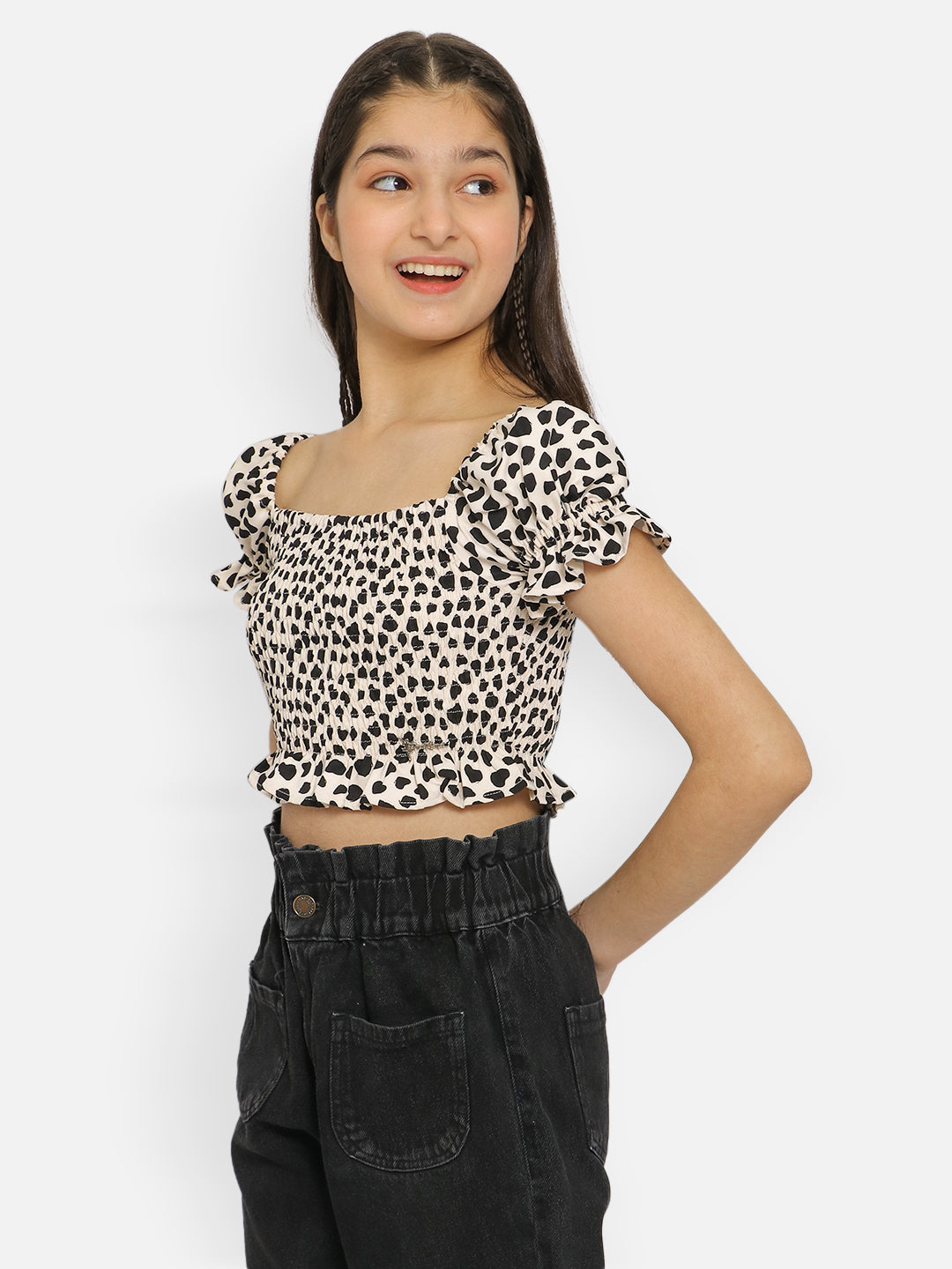 Natilene Girls Animal Print Smocked Crop Top