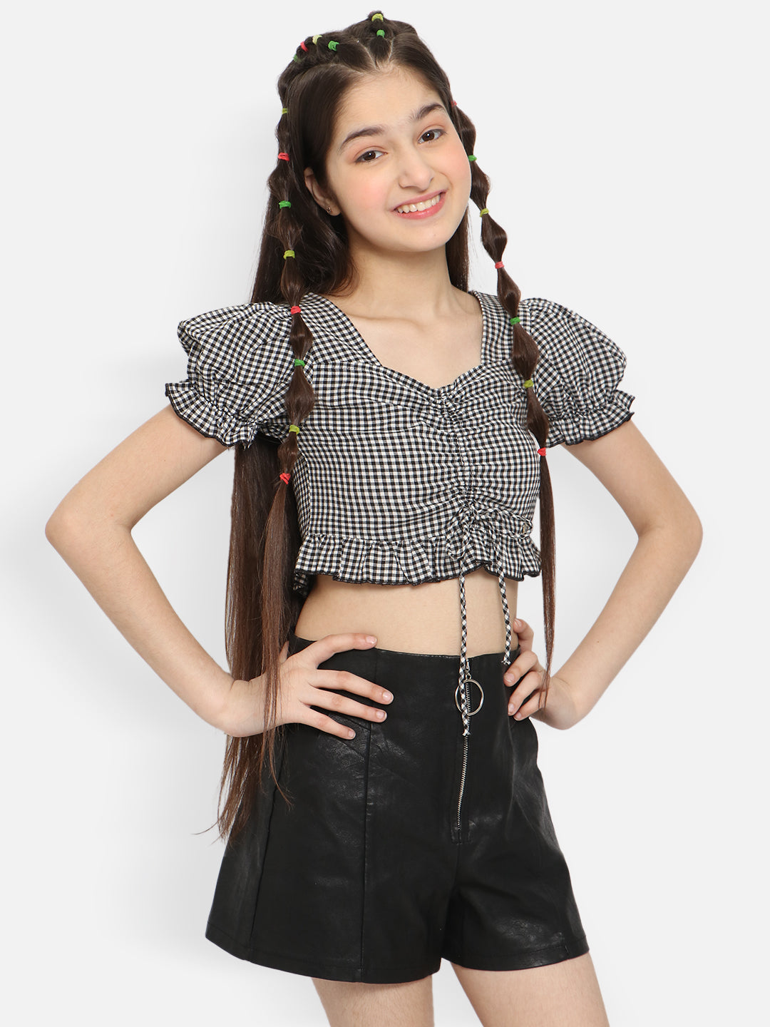 Natilene Checked Puff Sleeves Smocked Pure Cotton Crop Top