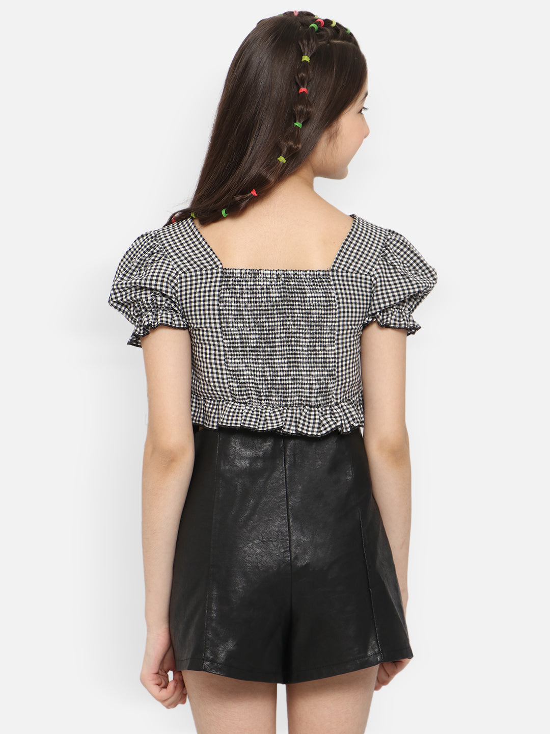 Natilene Checked Puff Sleeves Smocked Pure Cotton Crop Top