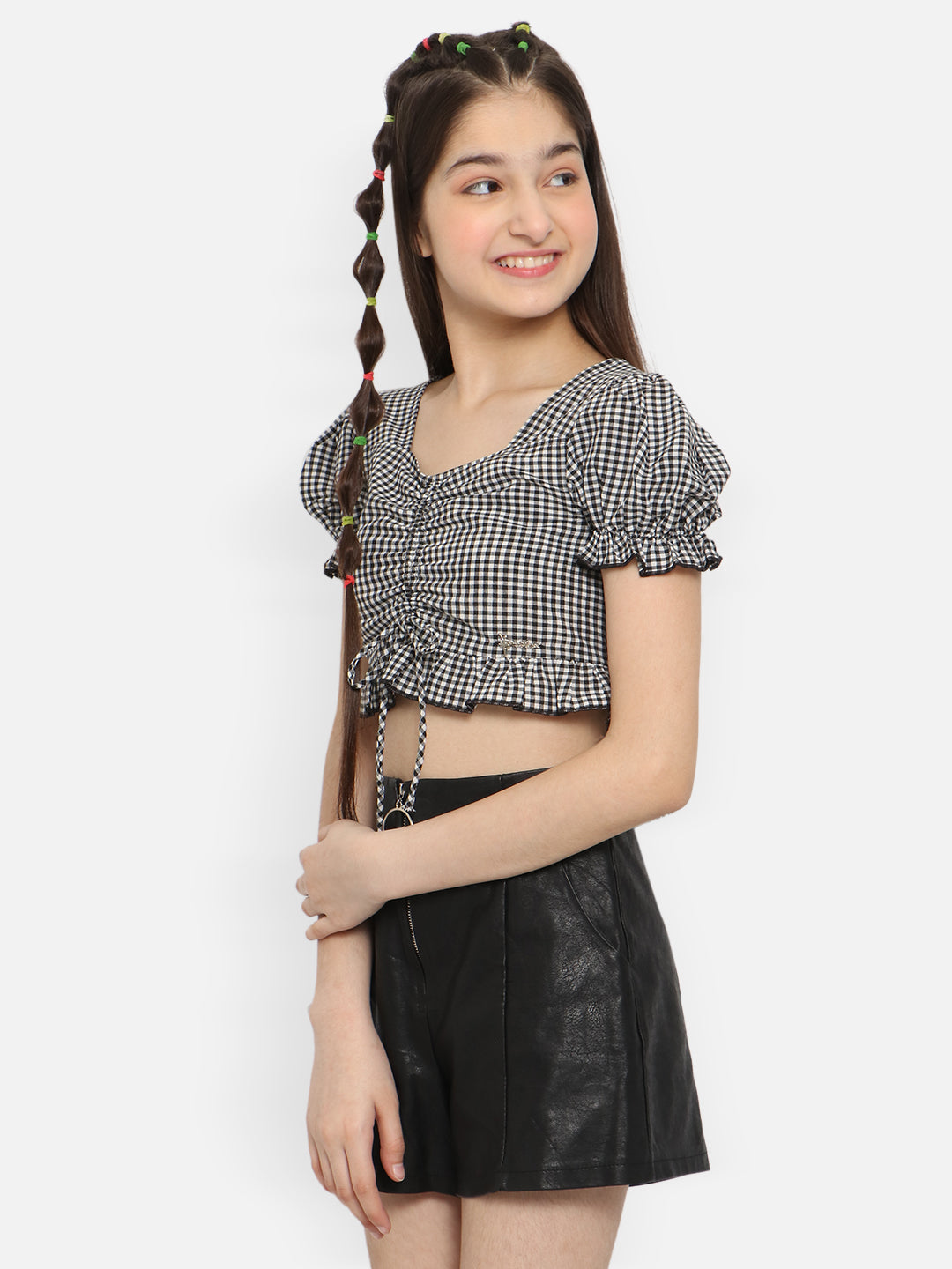 Natilene Checked Puff Sleeves Smocked Pure Cotton Crop Top