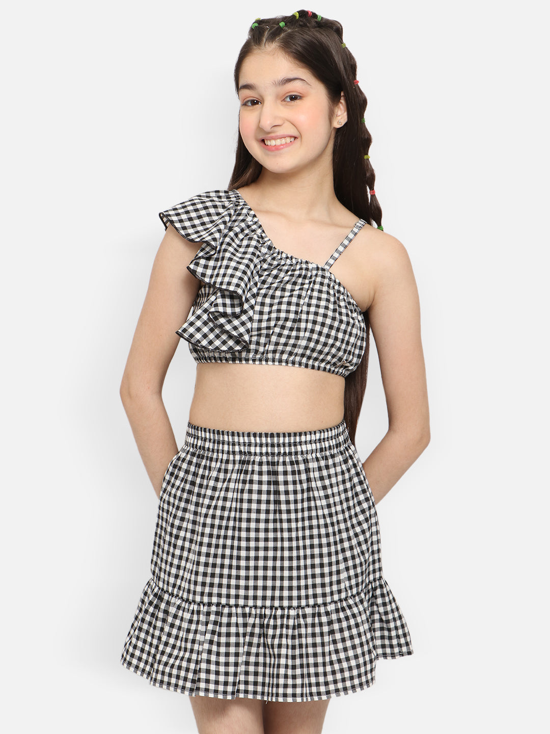 Natilene Girls Checked Ruffled One Shoulder Crop Pure Cotton Top With Skirt
