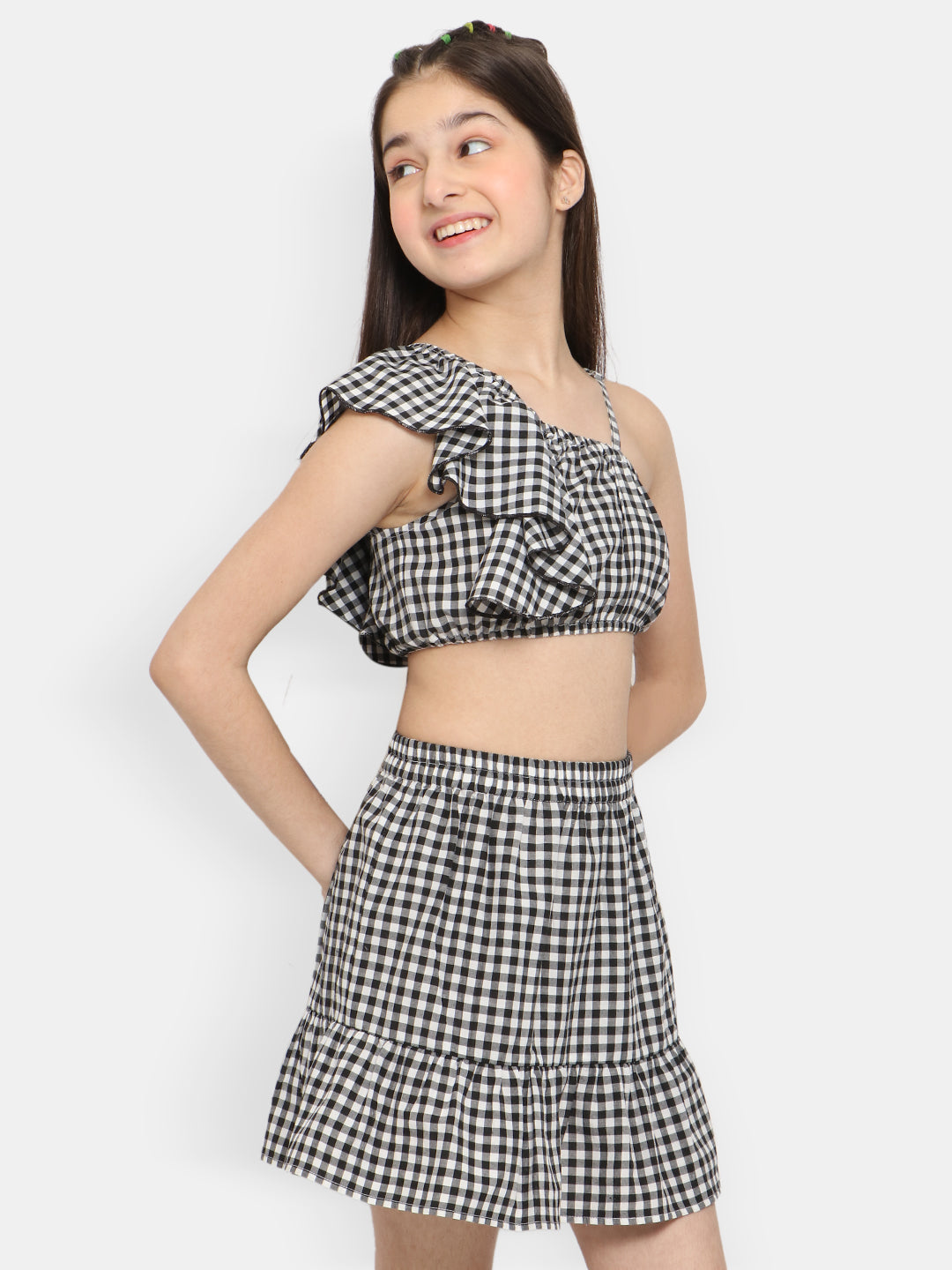 Natilene Girls Checked Ruffled One Shoulder Crop Pure Cotton Top With Skirt