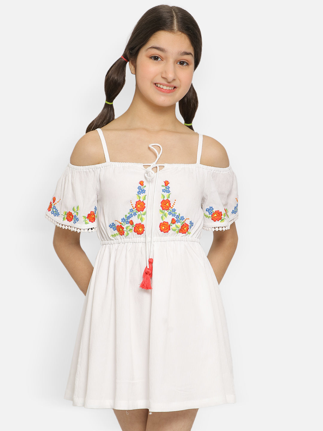Natilene Girls Floral Embroidered Tie-Up Detail Gathered A-Line Dress