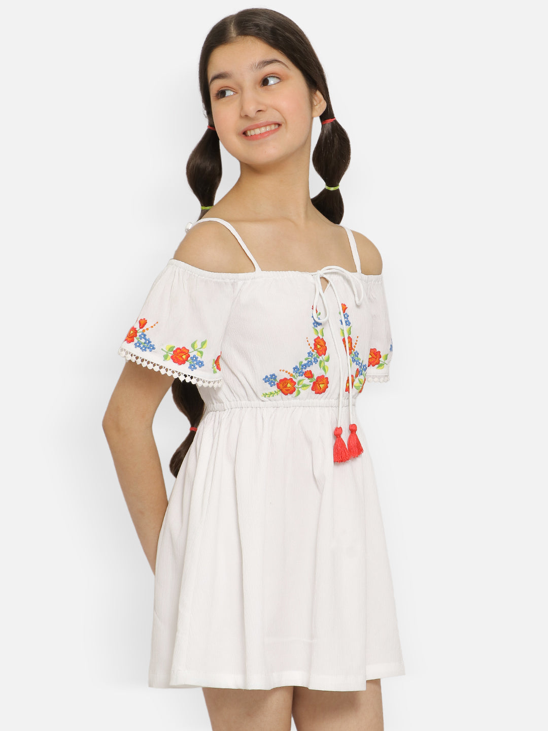 Natilene Girls Floral Embroidered Tie-Up Detail Gathered A-Line Dress