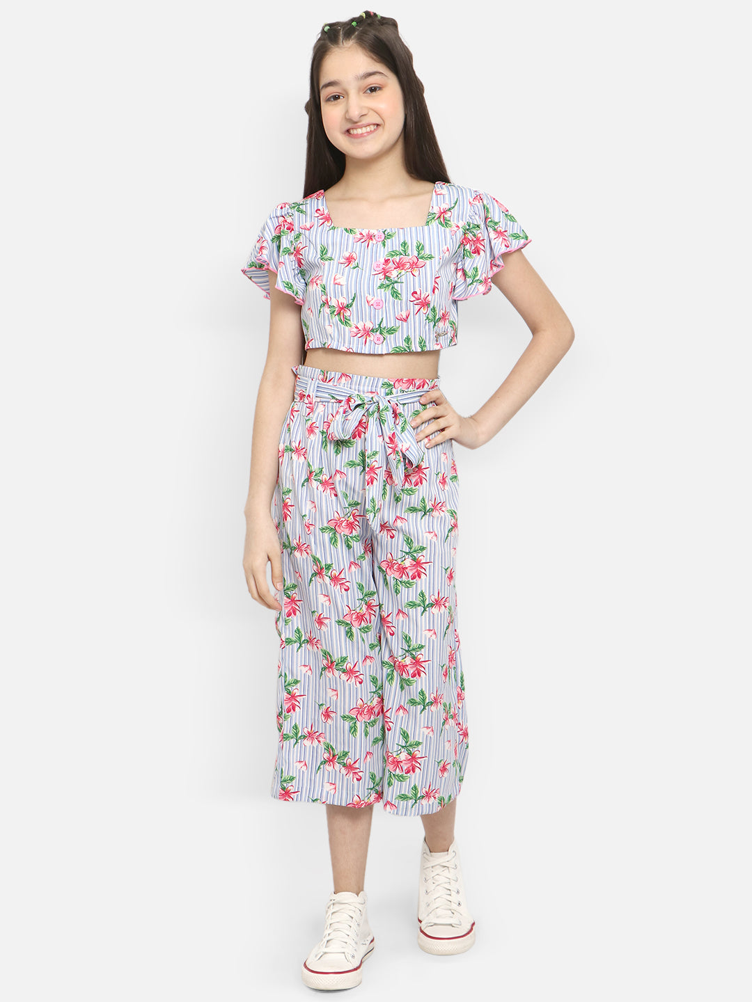 Natilene Girls Printed Square Neck Top With Capris