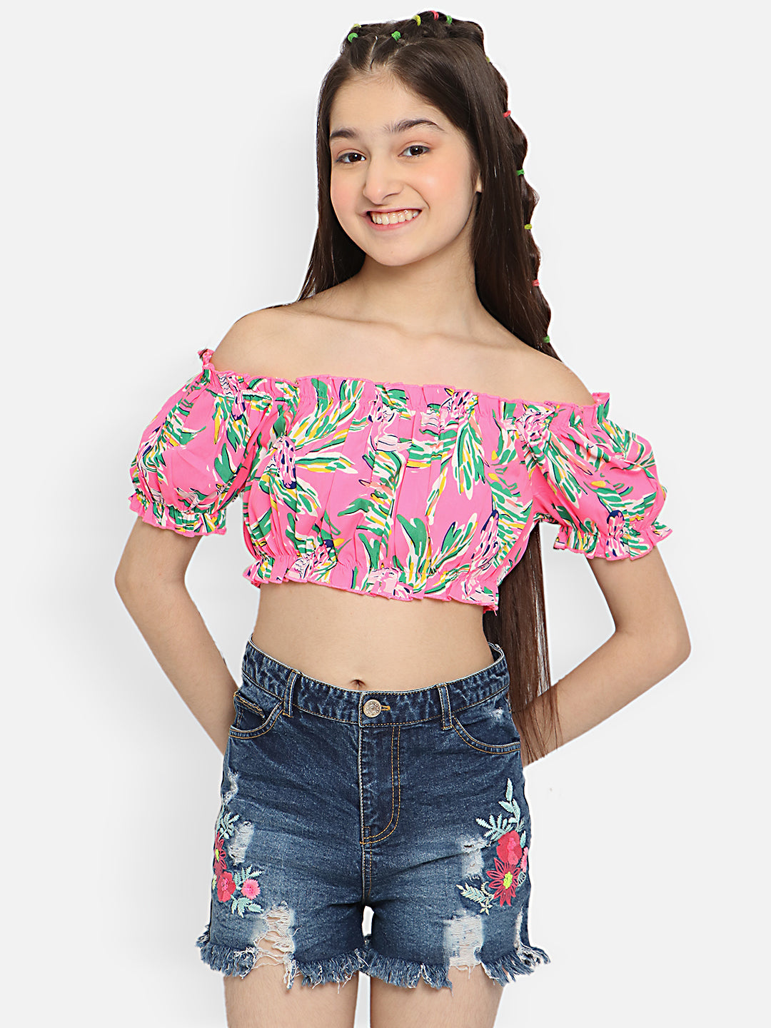 Natilene Girls Abstract Printed Off-Shoulder Puff Sleeves Bardot Crop Top