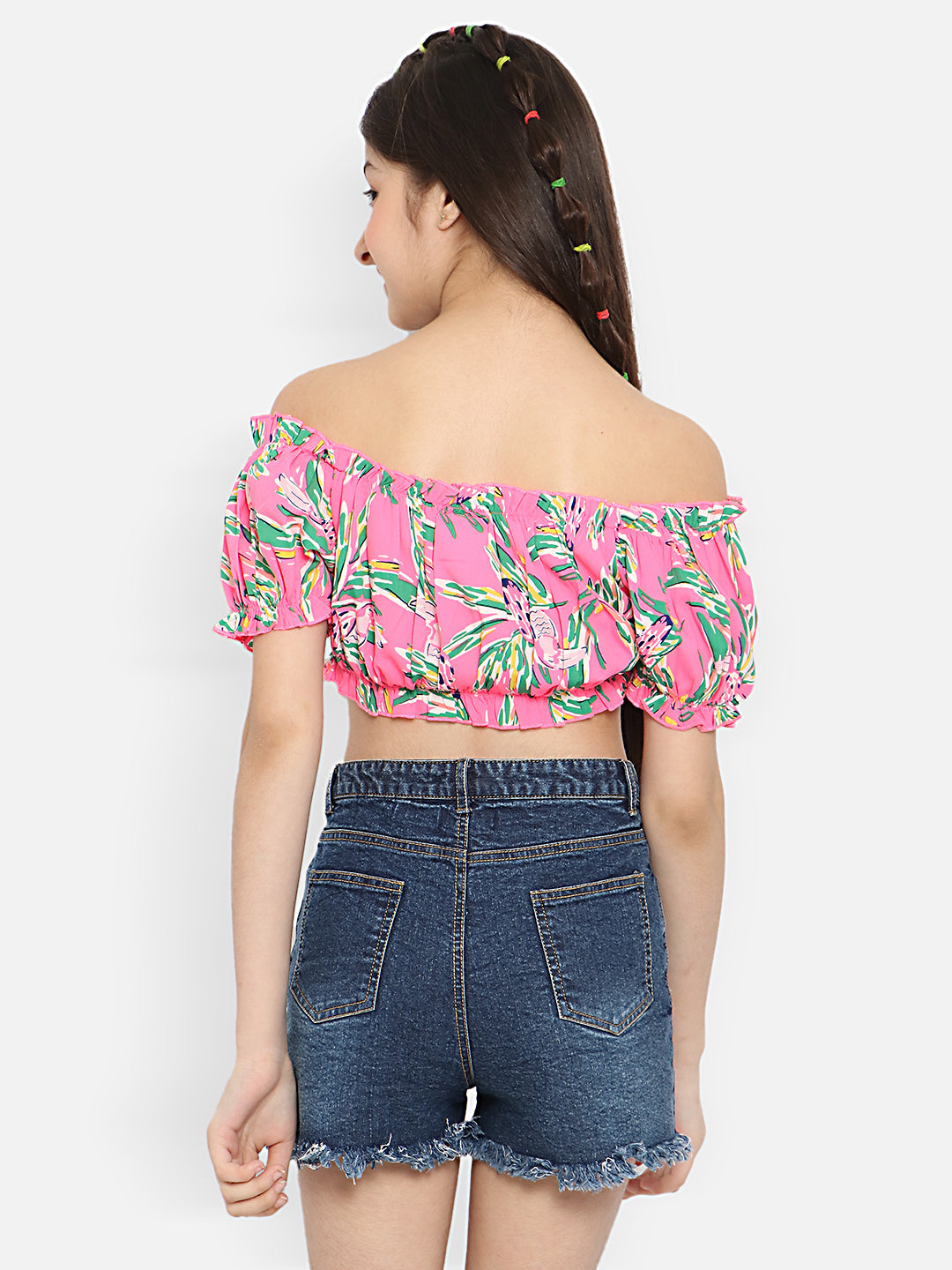 Natilene Girls Abstract Printed Off-Shoulder Puff Sleeves Bardot Crop Top