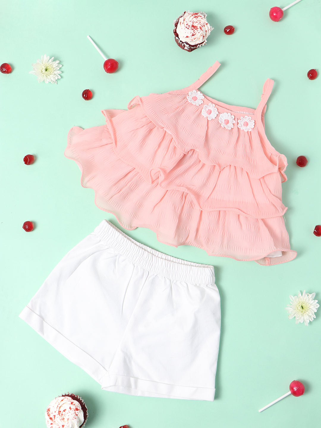 Nautinati Girls Peach-Coloured Off-White Ruffled Top With Shorts