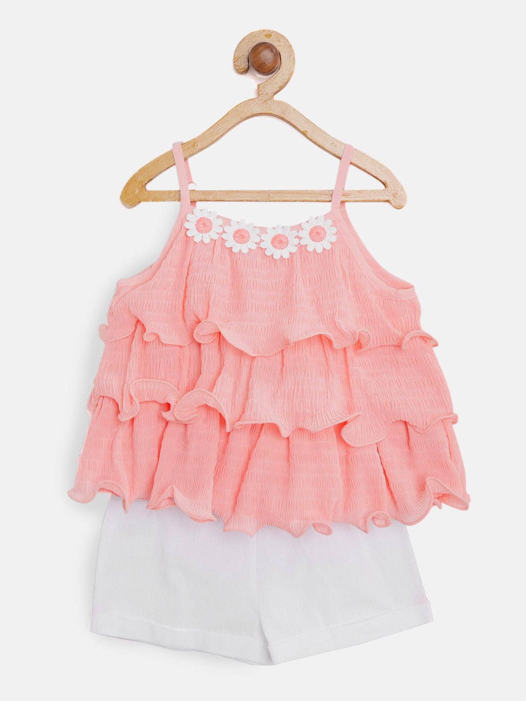 Nautinati Girls Peach-Coloured Off-White Ruffled Top With Shorts