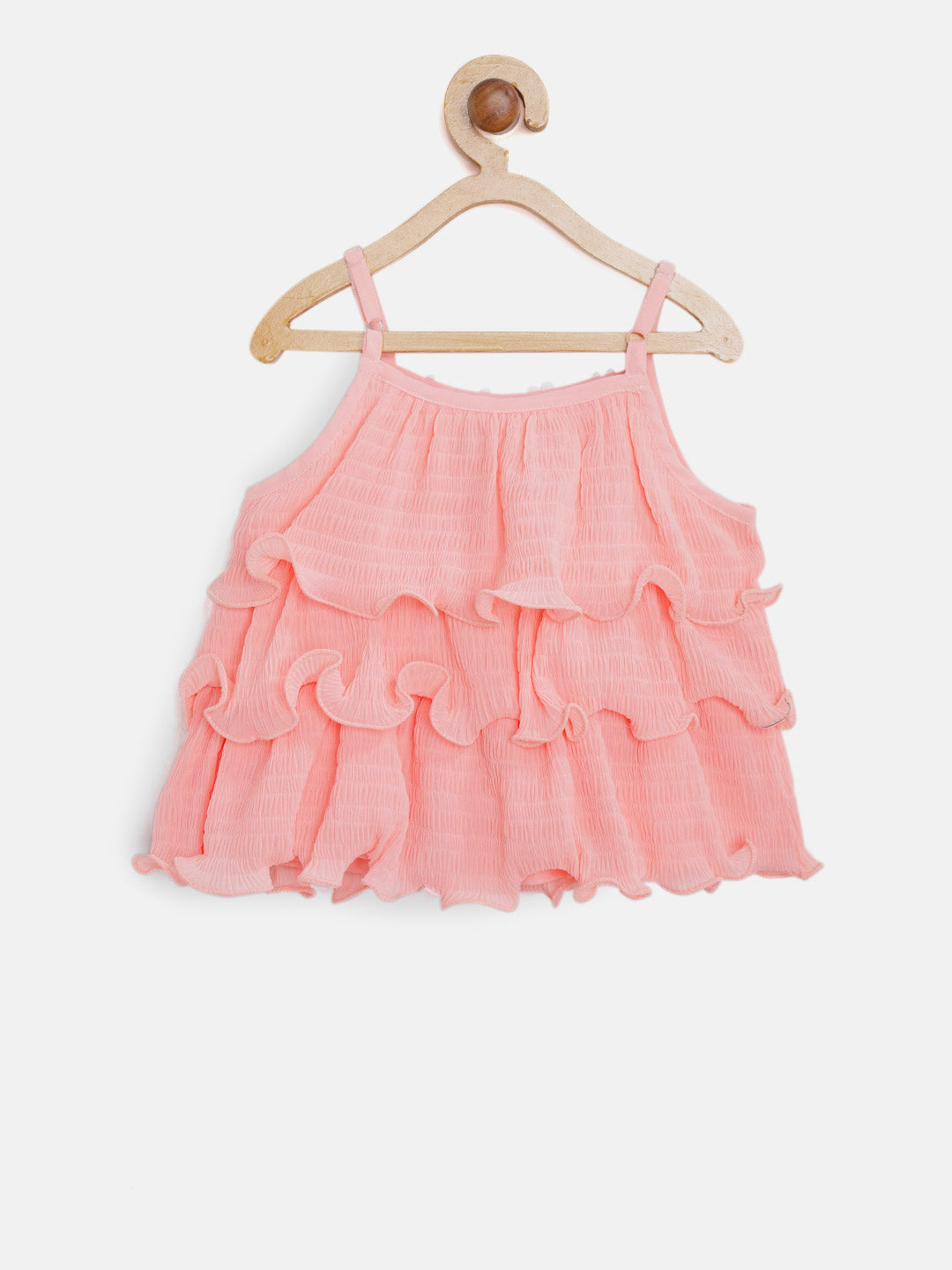 Nautinati Girls Peach-Coloured Off-White Ruffled Top With Shorts