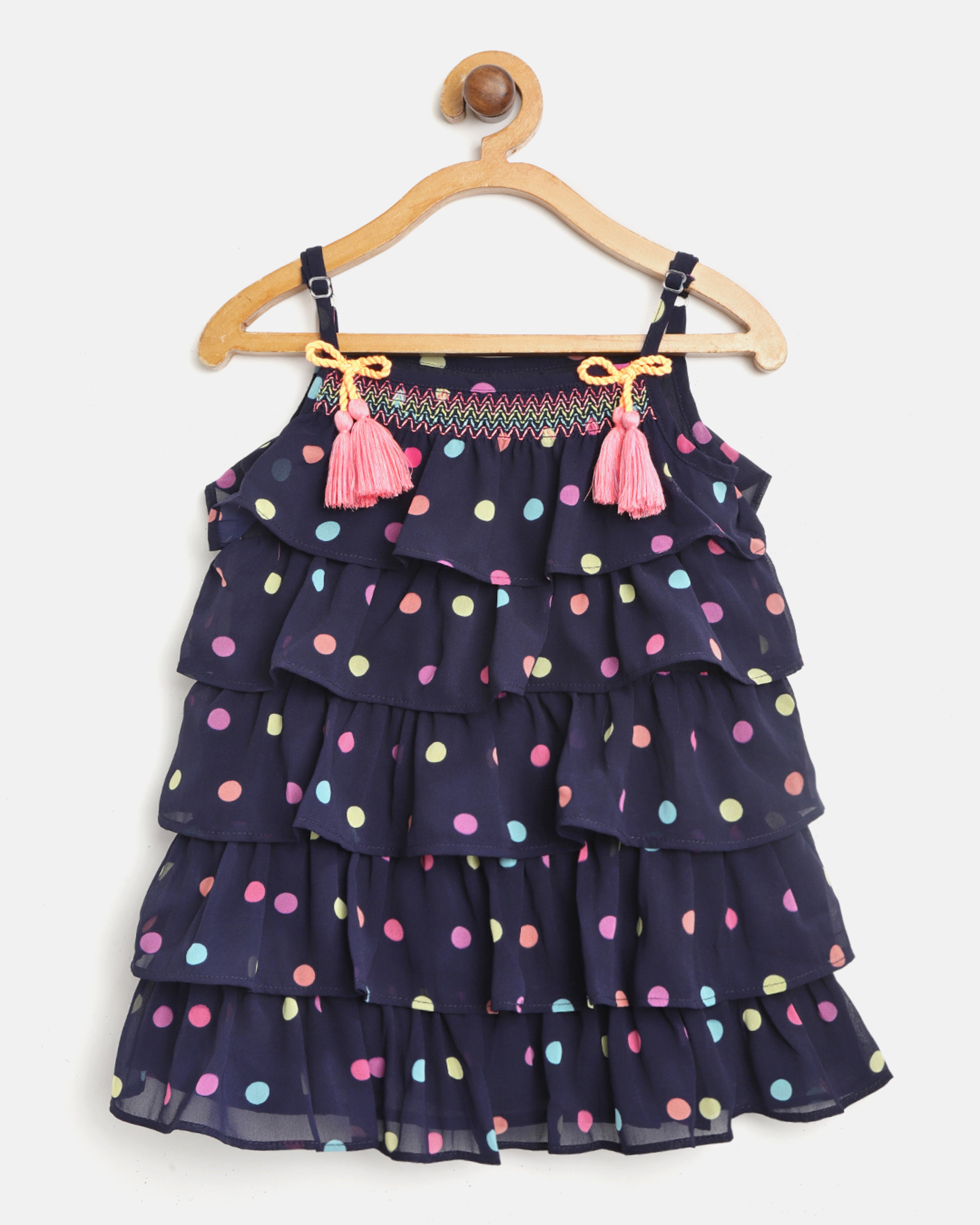 Nautinati Girls Navy Blue Polka Dots Tiered A-Line Dress