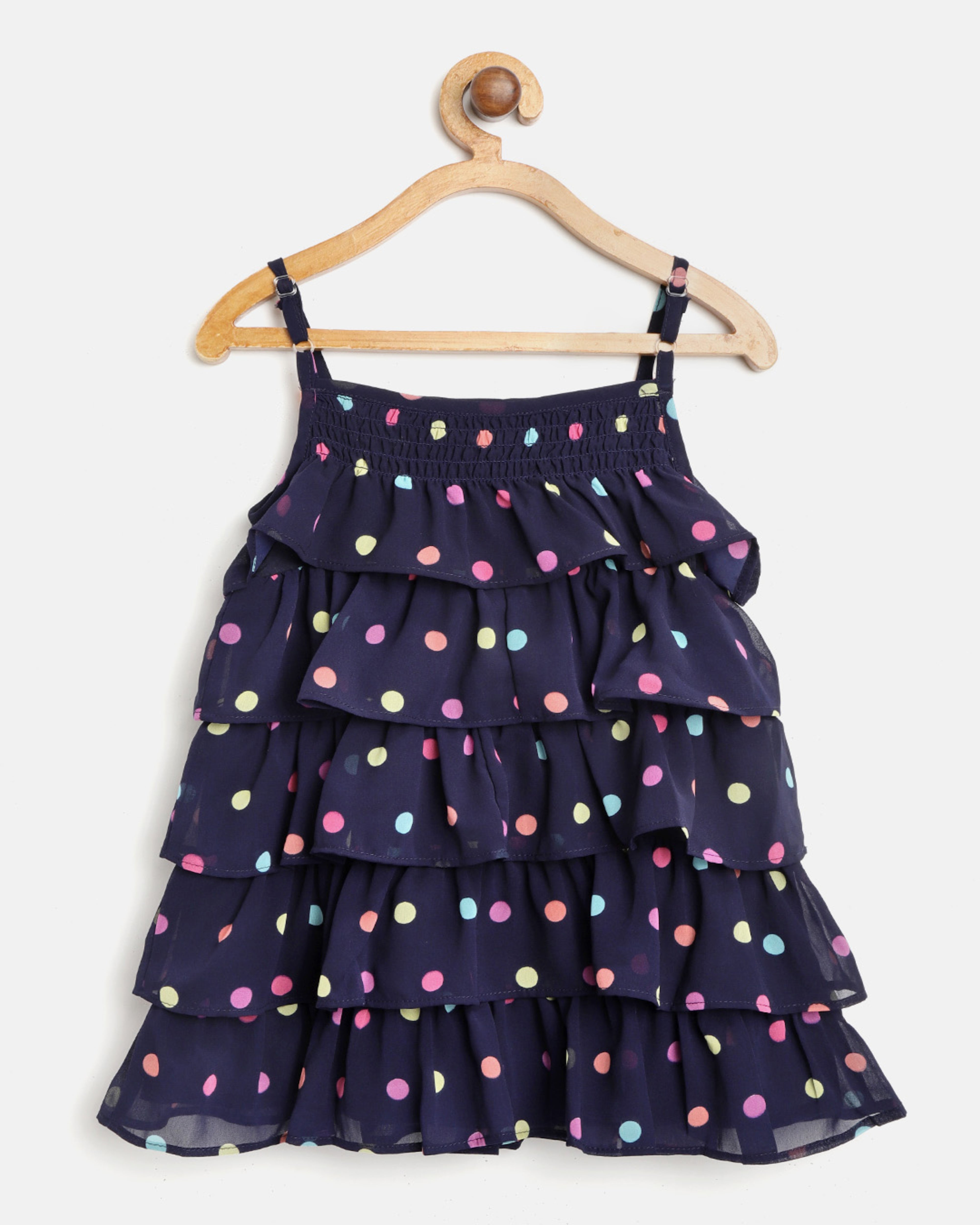 Nautinati Girls Navy Blue Polka Dots Tiered A-Line Dress