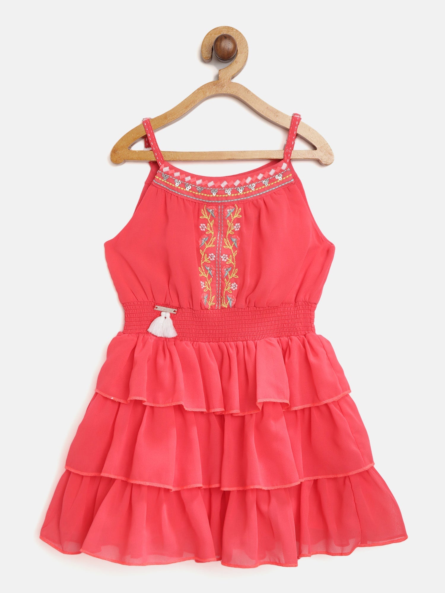 Nautinati Girls Coral Pink Solid Tiered Fit Flare Dress With Briefs