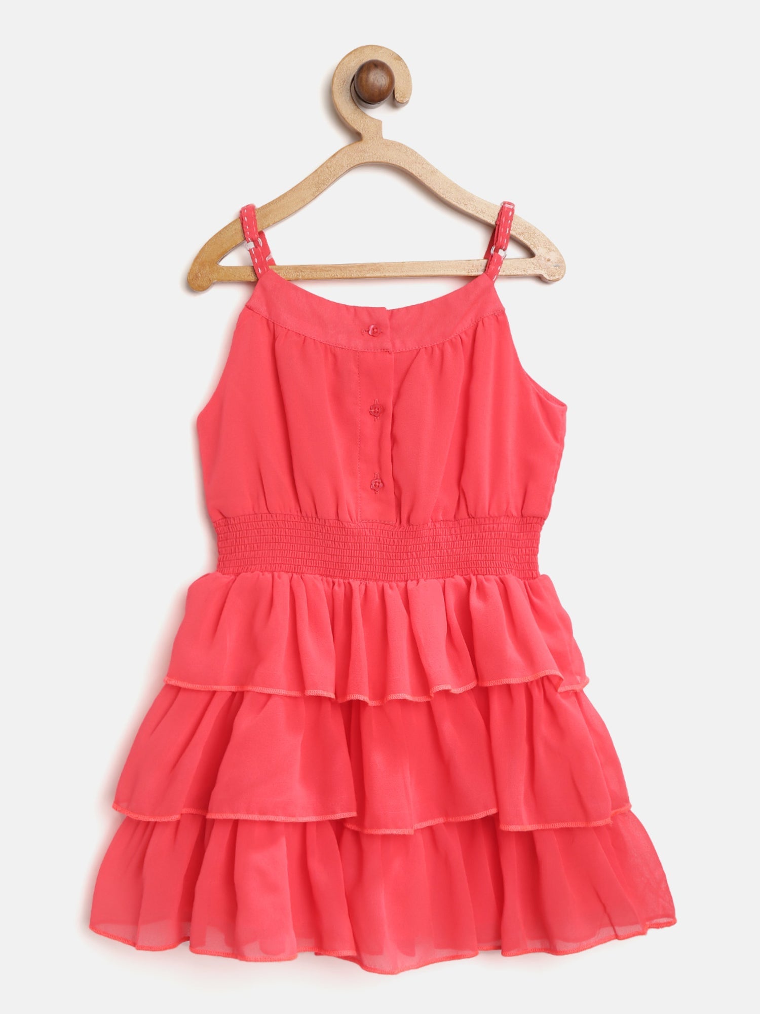 Nautinati Girls Coral Pink Solid Tiered Fit Flare Dress With Briefs