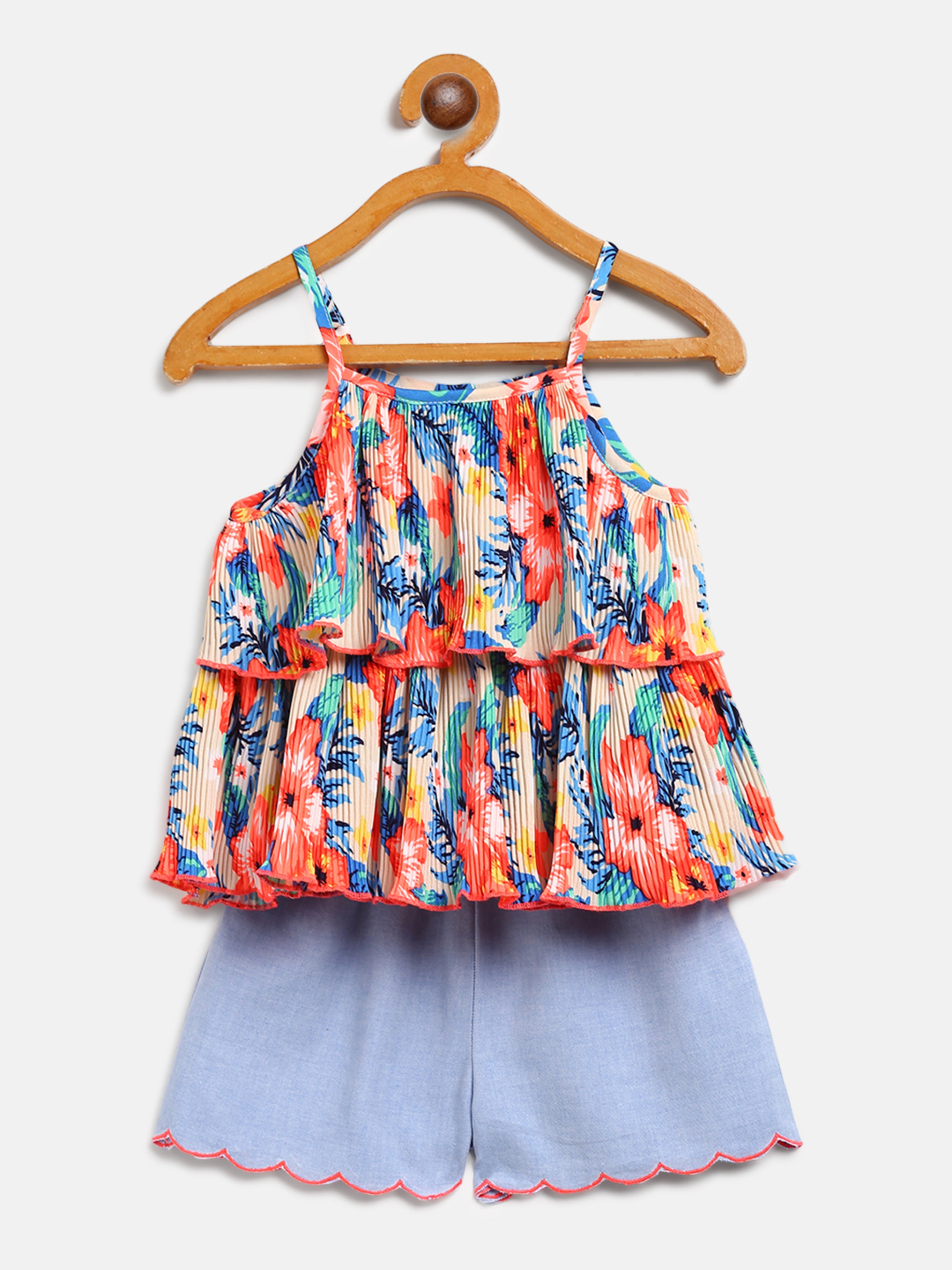 Nautinati Girls Blue Coral Orange Printed Top Solid Shorts