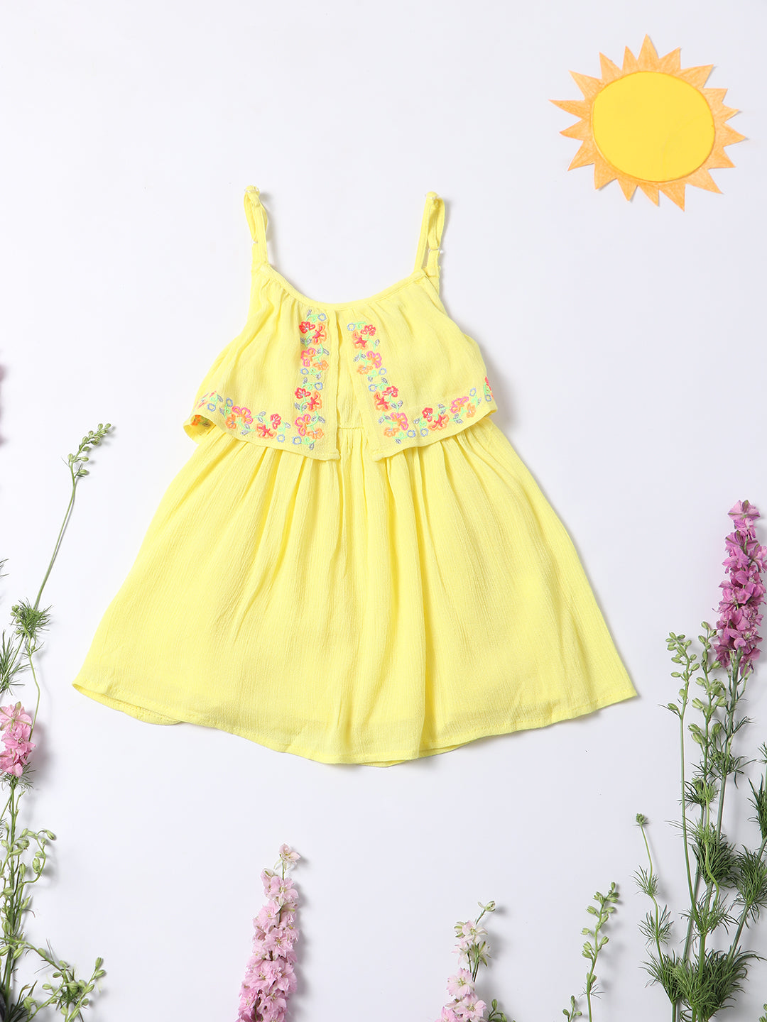 Nautinati Girls Yellow Solid Layered A-Line Dress