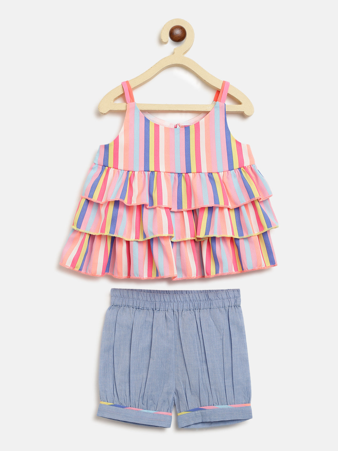 Nautinati Girls Pink Grey Striped Top With Shorts