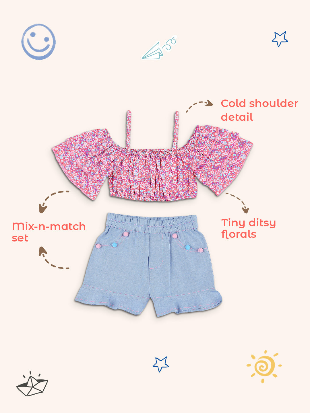 Nautinati Girls Pink Blue Printed Top With Shorts