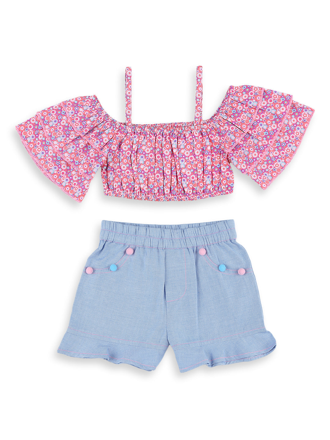 Nautinati Girls Pink Blue Printed Top With Shorts