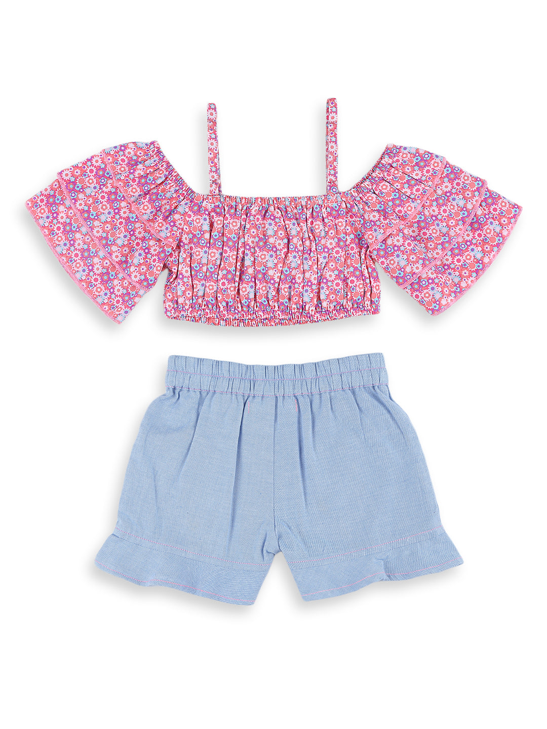 Nautinati Girls Pink Blue Printed Top With Shorts